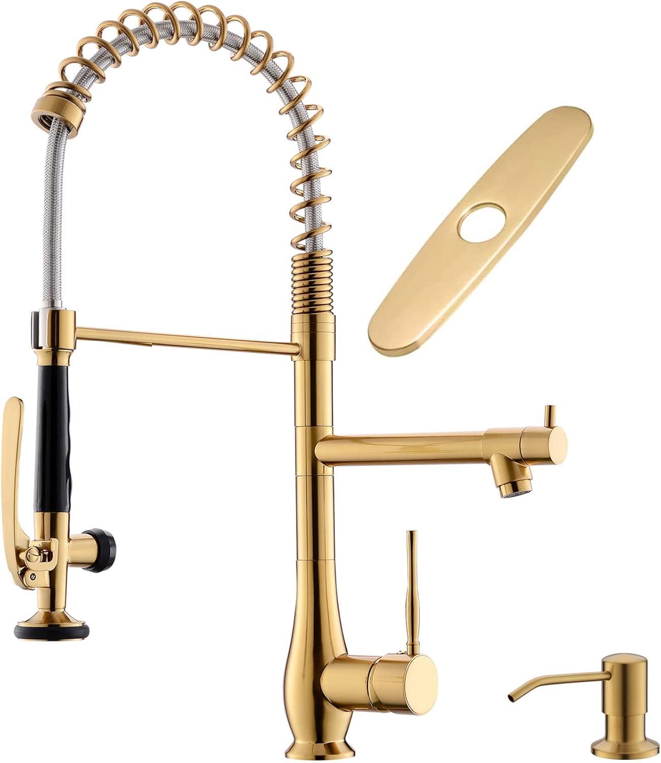 Brass Commercial Pull-Down Sprayer Kitchen Faucet 2 Handle With Locking Buckle And Soap Dispenser