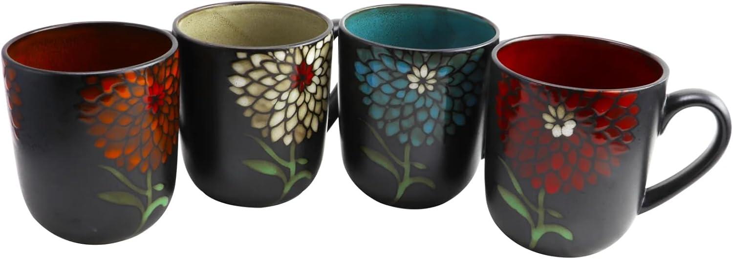 Black Ceramic Floral Microwave Safe 16 oz Mug Set