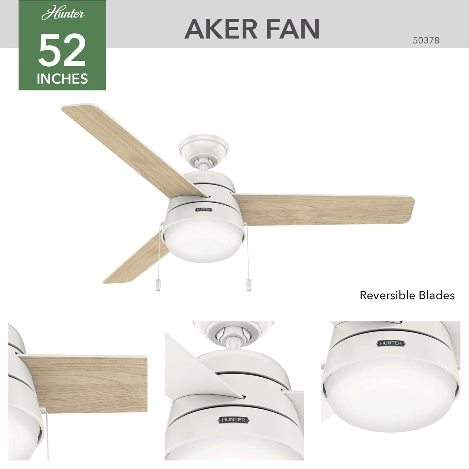 Hunter Fan 52" Aker 3 - Blade Indoor Standard Ceiling Fan with Pull Chain and Light Kit Included