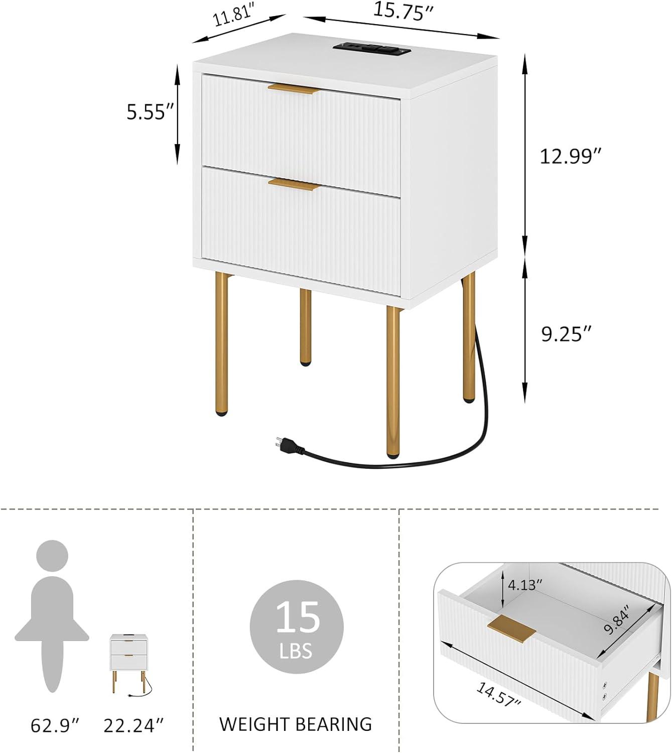 Nightstand with Charging Station,Small Bedside Table with Gold Frame,White Night Stand,Bedside Furniture,Side Table with Drawer for Bedroom,Living Room,Checkered (White, 1Drawer-Outlet)