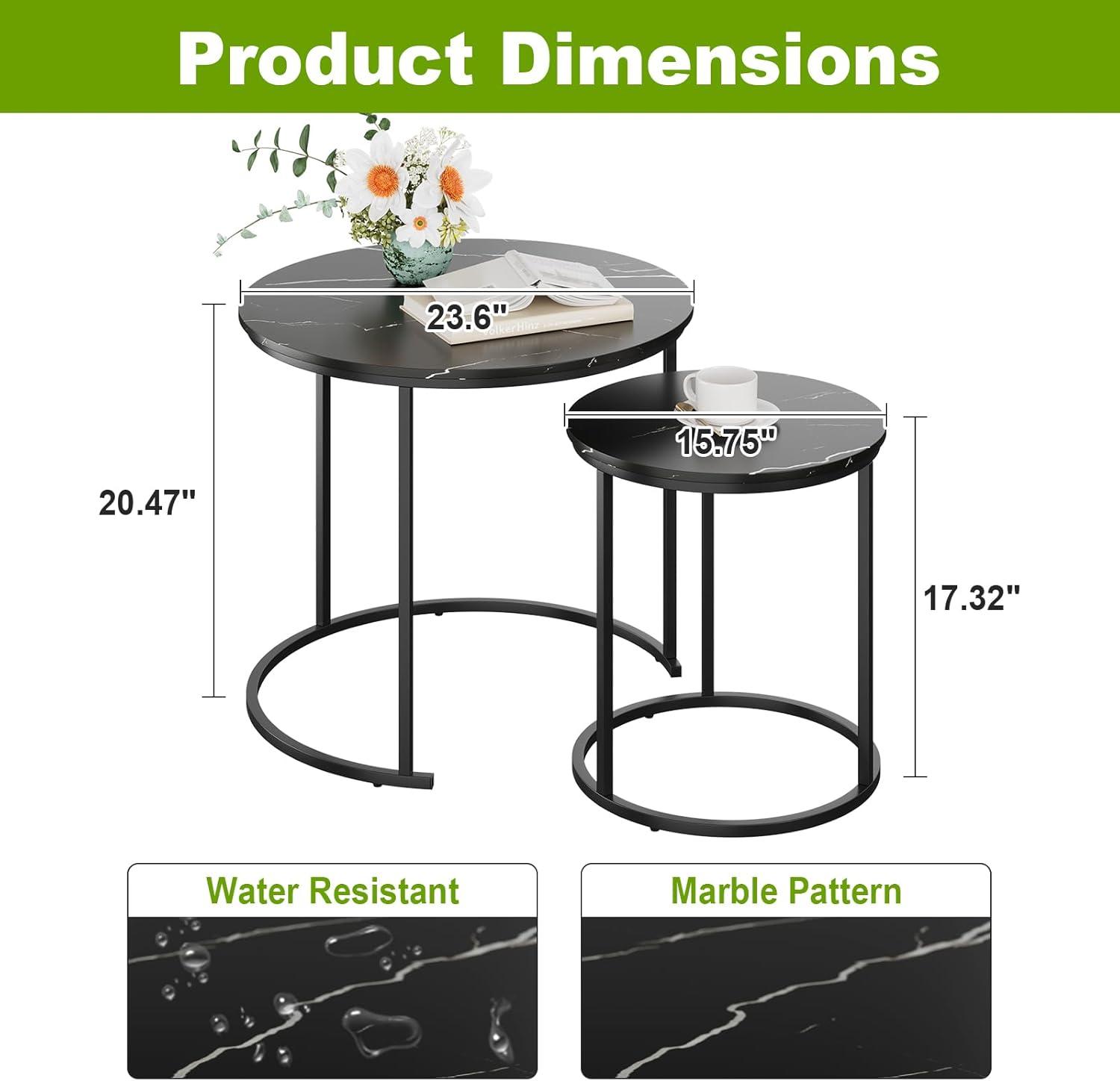 Yesfashion Nesting Coffee Table Set Of 2, 27.6" Round Coffee Table Wood Top With Sturdy Metal Frame, End Table Side Tables For Living Room Bedroom Balcony Yard