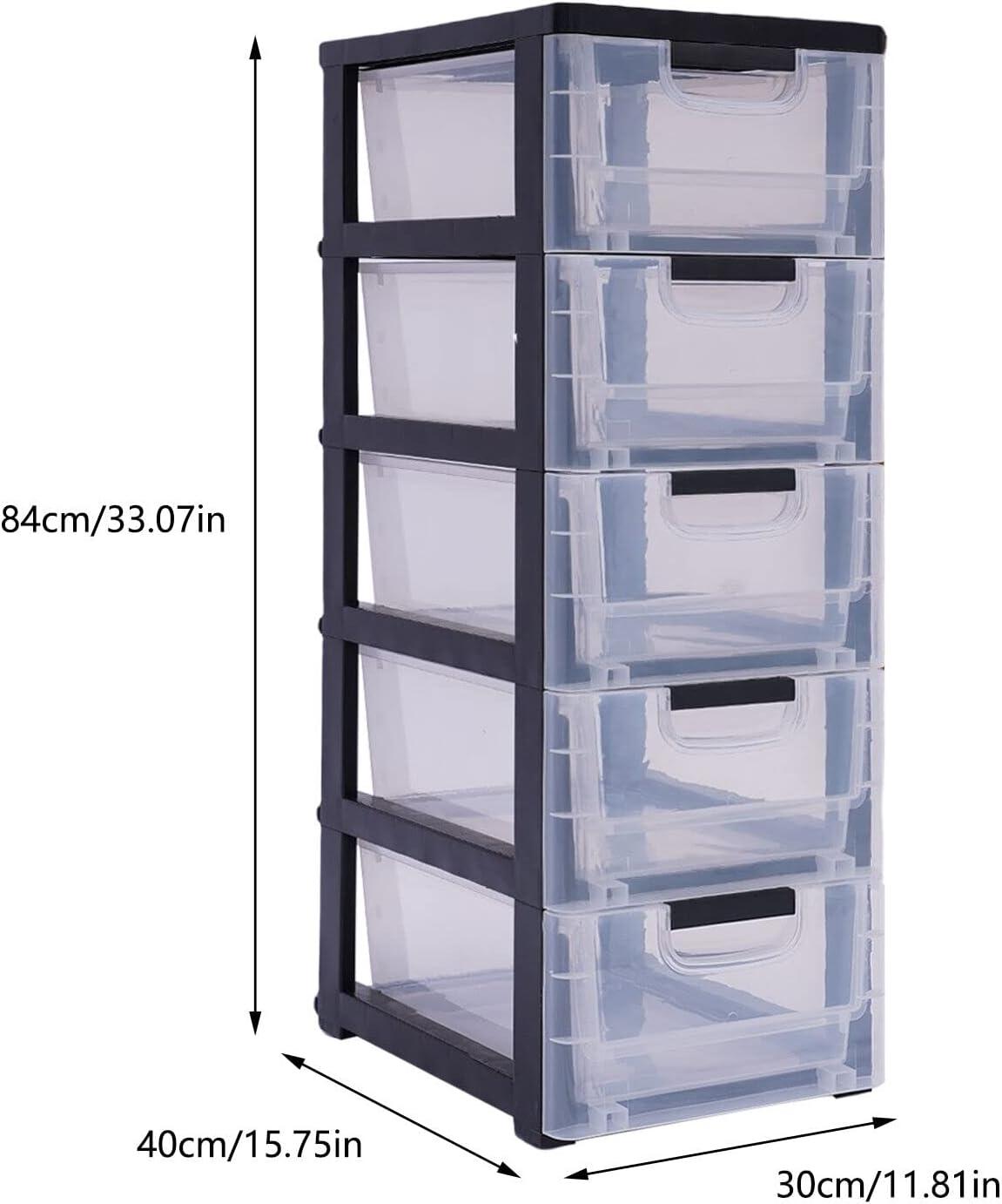 Peakora Plastic drawers dresser with 5 spacious drawers, transparent compartments, sturdy PP material, stackable design, easy to move with wheels, ideal for organizing clothes and accessories