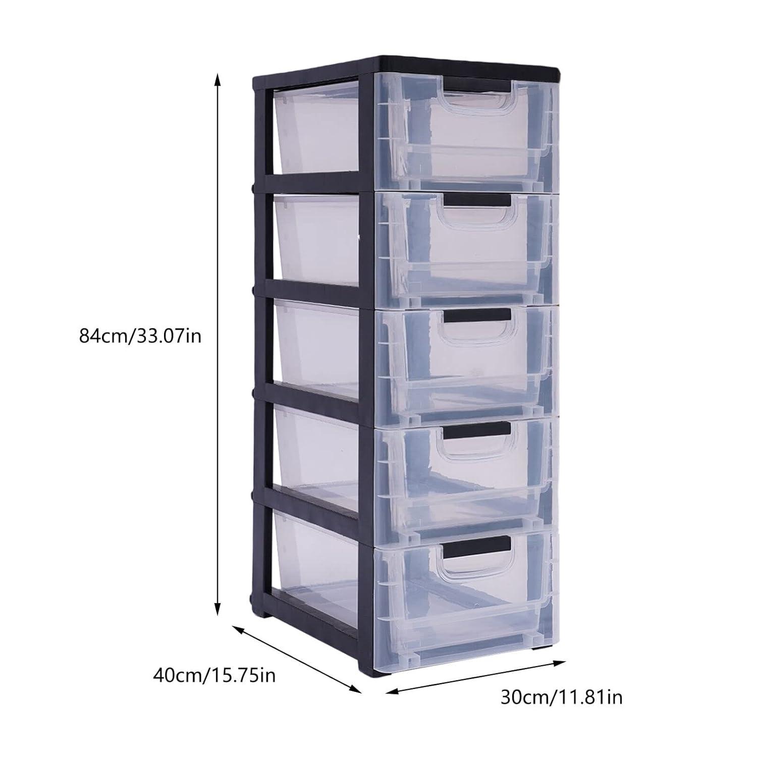 Peakora Plastic drawers dresser with 5 spacious drawers, transparent compartments, sturdy PP material, stackable design, easy to move with wheels, ideal for organizing clothes and accessories