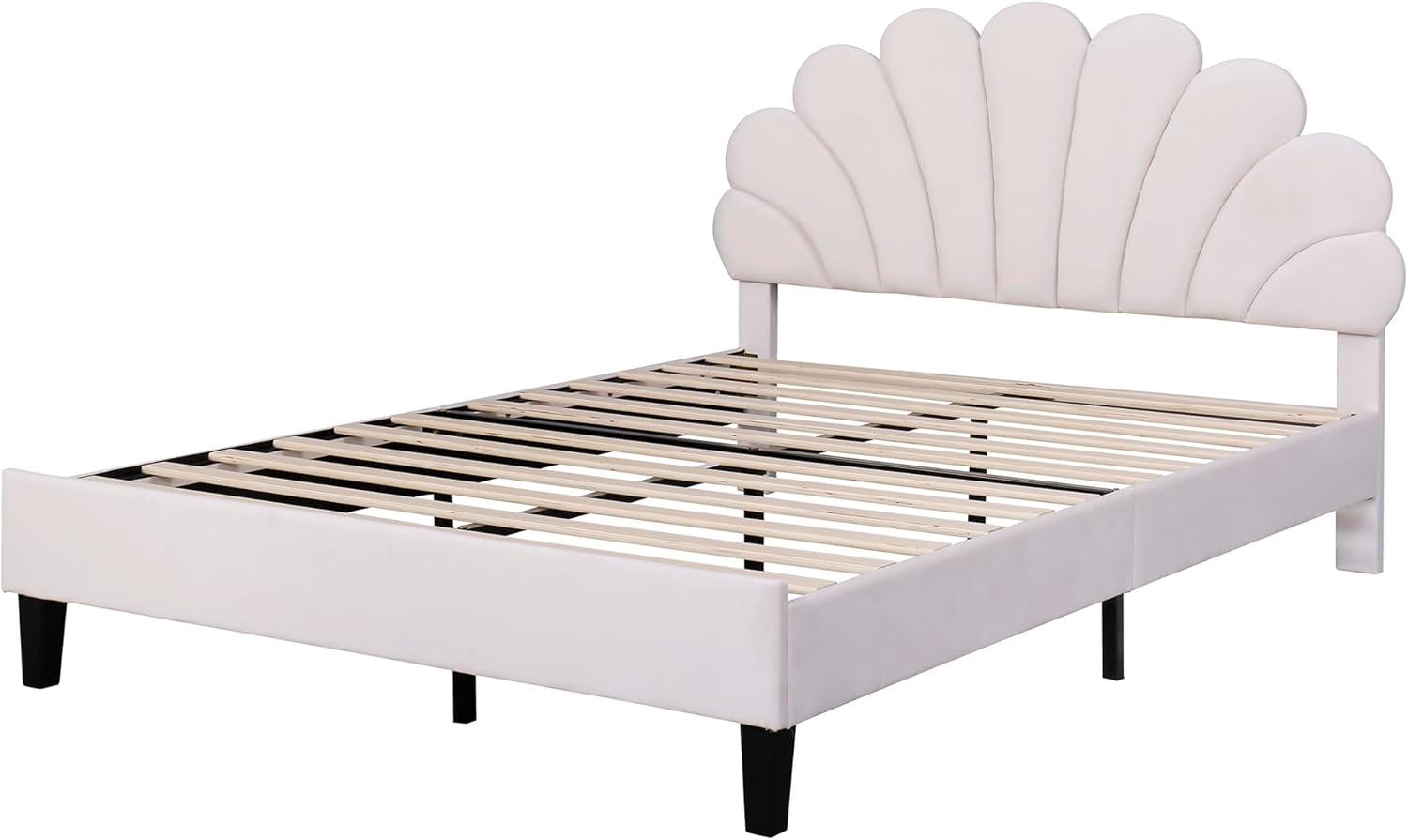 CITYLE Full Size Platform Bed with Flower Pattern Velvet Headboard,Beige