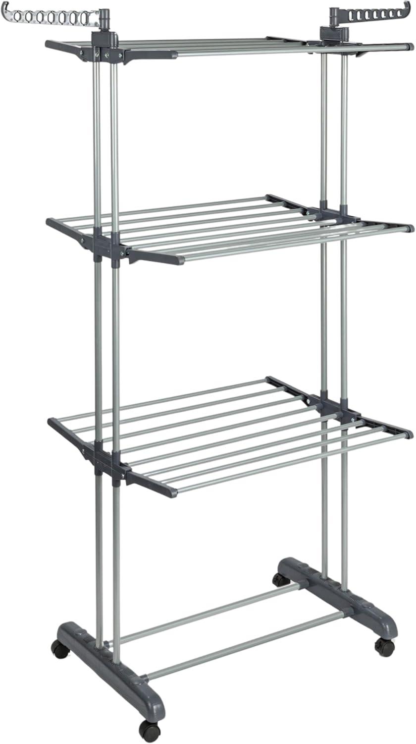 Household Essentials 4 Tier Stainless Steel Laundry Drying Rack with Two Side Wings, Grey