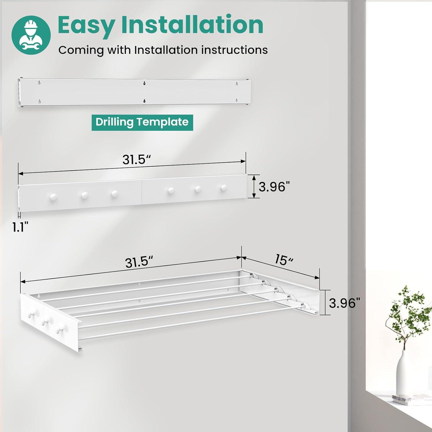 【Upgrade】 Laundry Drying Rack, 31.5" Drying Rack Clothing Wall Mounted,Foldable, 5 Aluminum Rods with 6 Hooks, Space-Saving White Collapsible Drying Racks Hanger for Laundry Bathroom