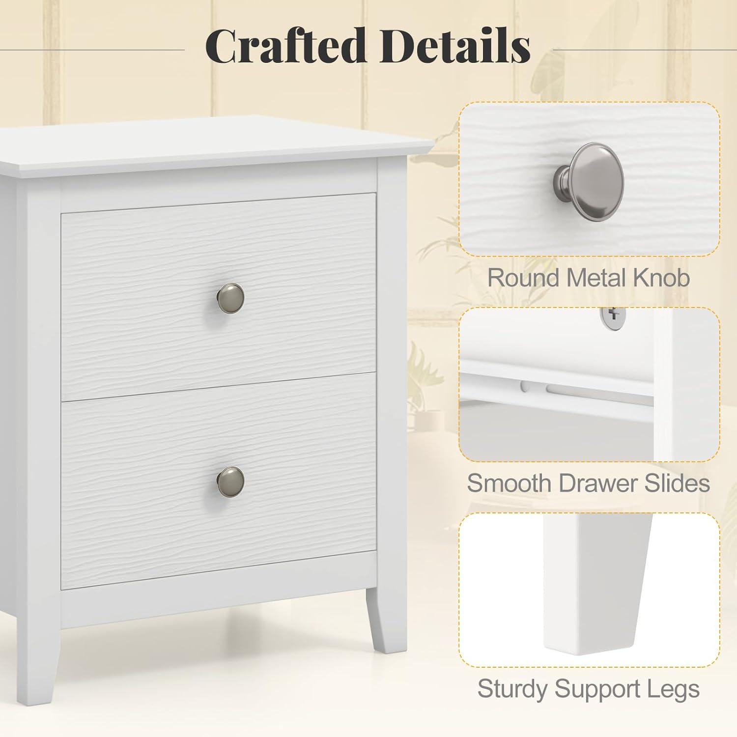 Tangkula Modern Nightstand with Storage 2 Drawers & Support Legs for Bedroom White
