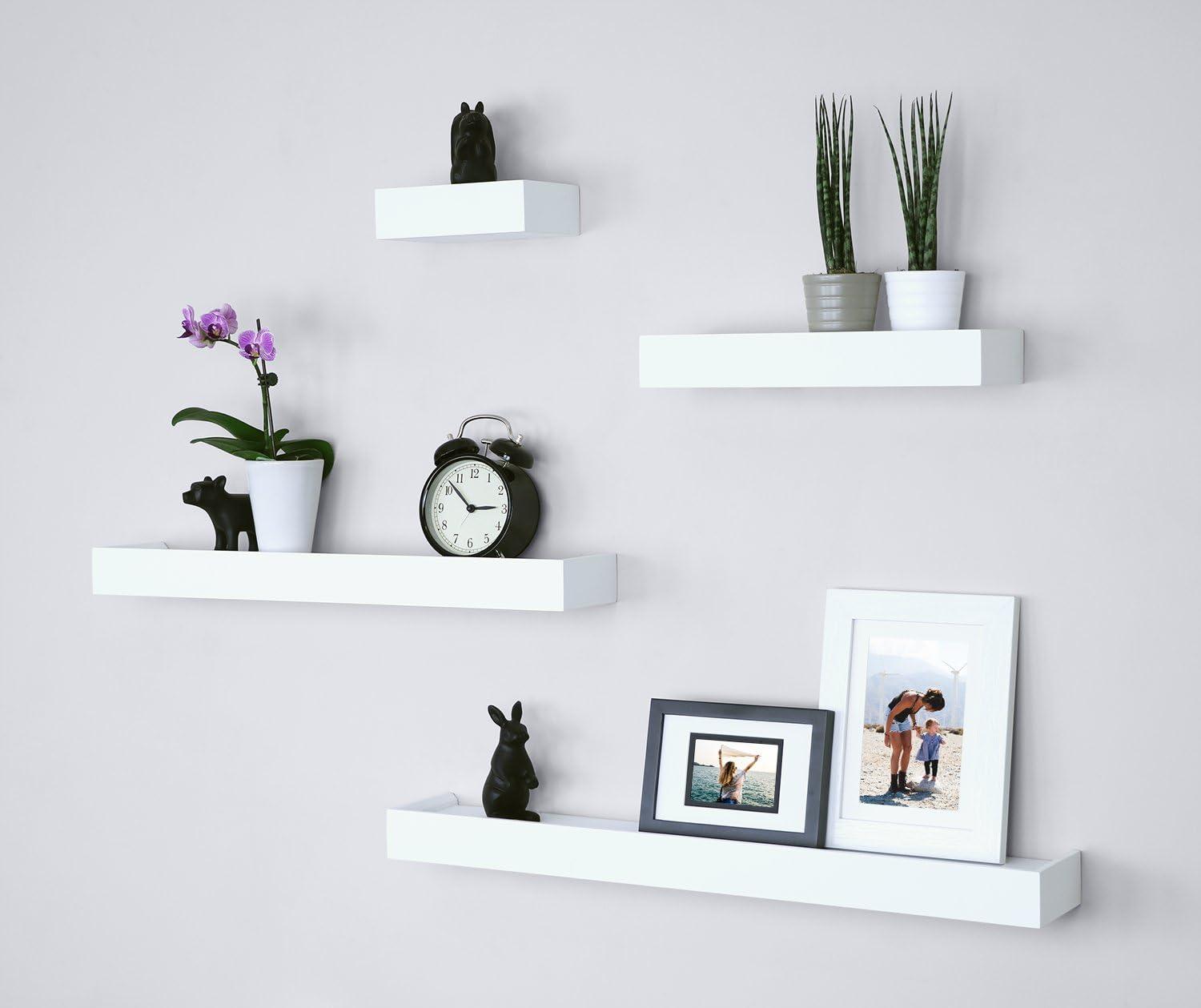 White Wood Floating Wall Shelves with Front Lip, Set of 4