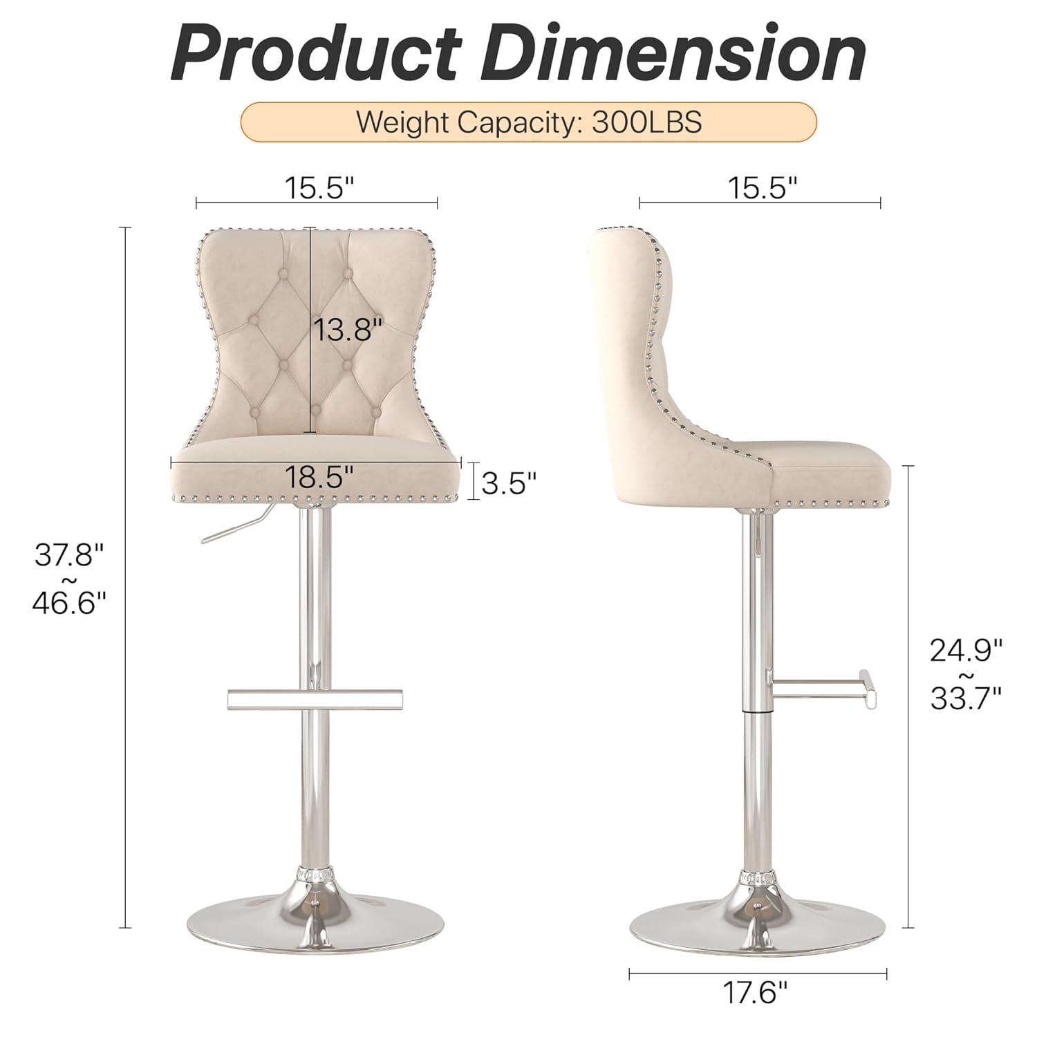 Swivel Bar Stools Set of 2, Height Adjustable Dining Chairs with Rivets, Button Tufted Back and Metal Footrest, Velvet Upholstered Side Chairs, Armless Chairs for Dining Room Bar Kitchen Island