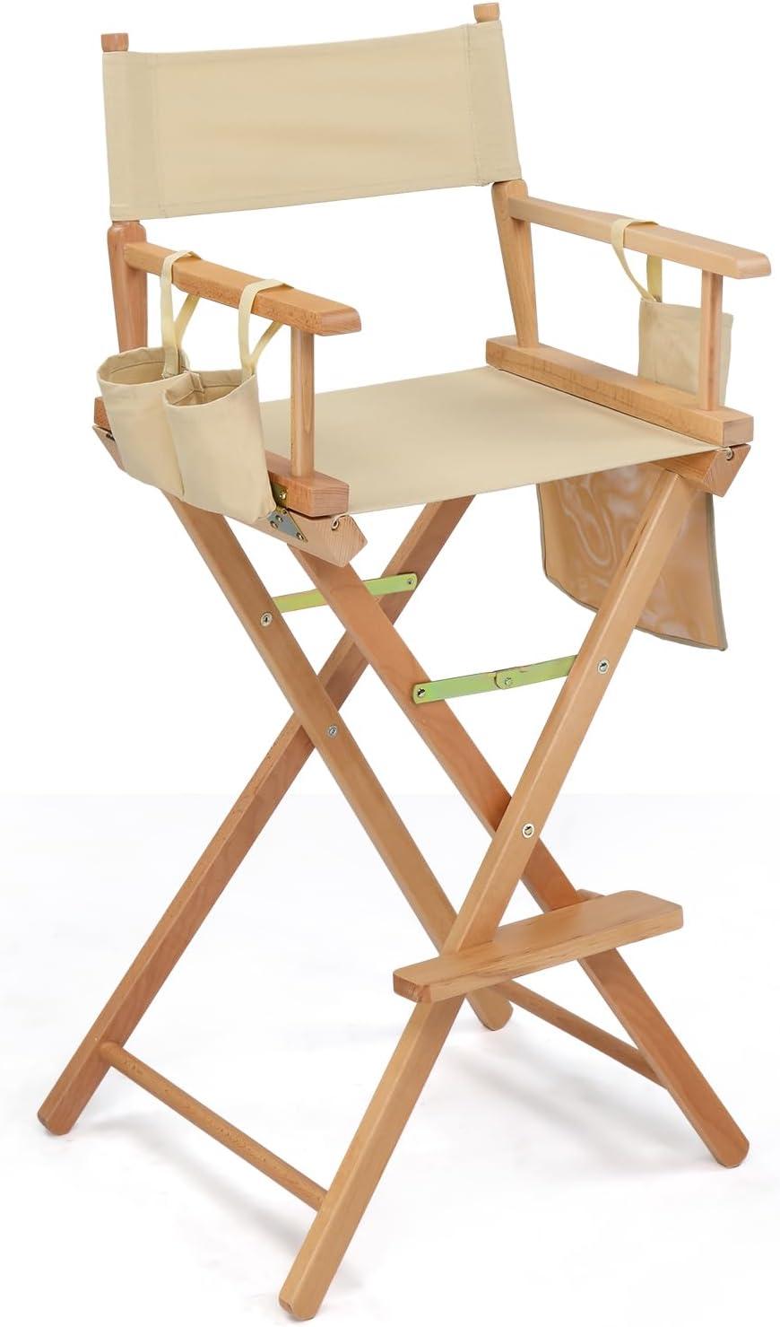OmySalon Professional Folding Makeup Artist Chair - 31" Tall Heavy Duty Director Chair for Studio & On-The-Go Use | 250lbs Capacity, Apricot Canvas with Storage Bags, Footrest & Solid Hardwood Frame