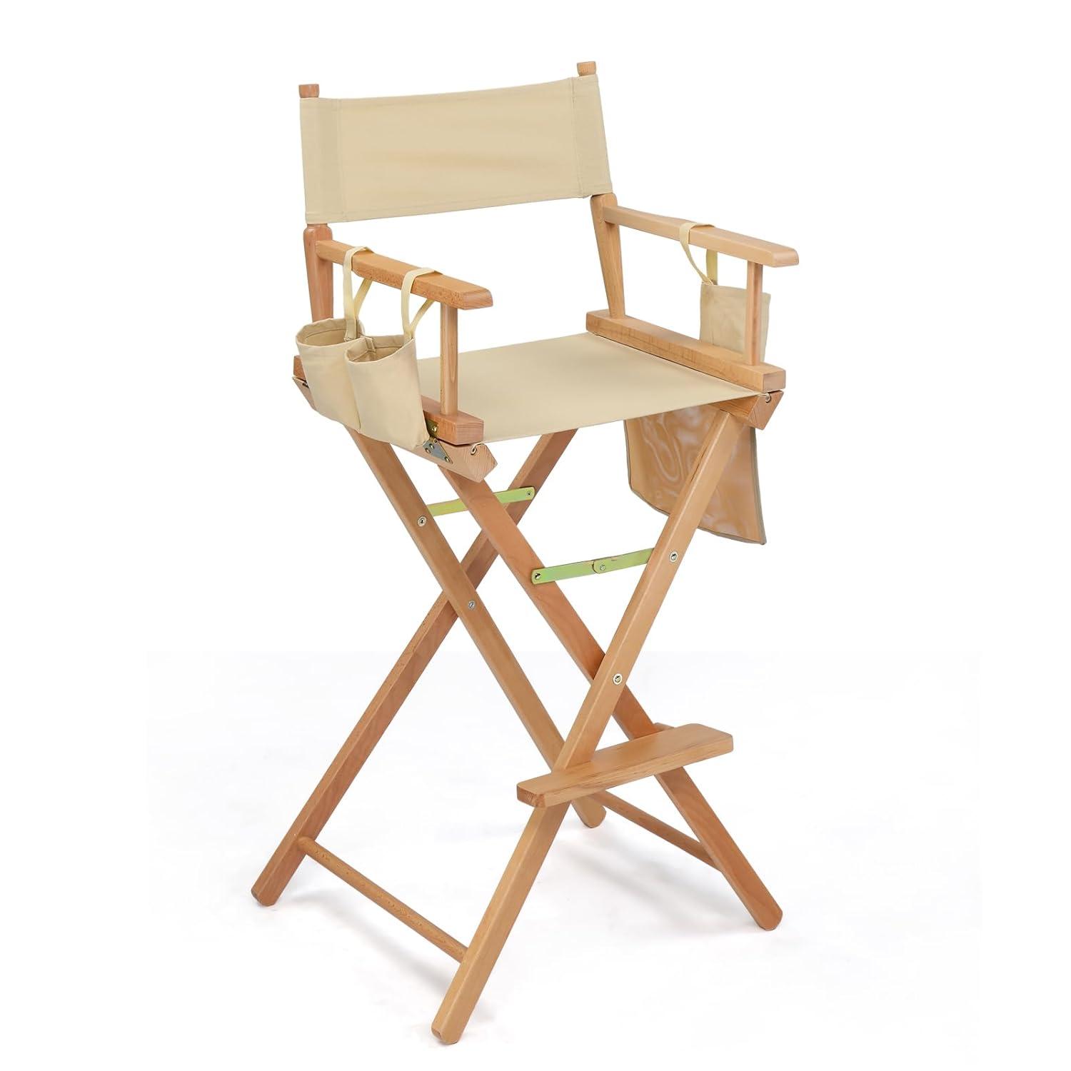 OmySalon Professional Folding Makeup Artist Chair - 31" Tall Heavy Duty Director Chair for Studio & On-The-Go Use | 250lbs Capacity, Apricot Canvas with Storage Bags, Footrest & Solid Hardwood Frame