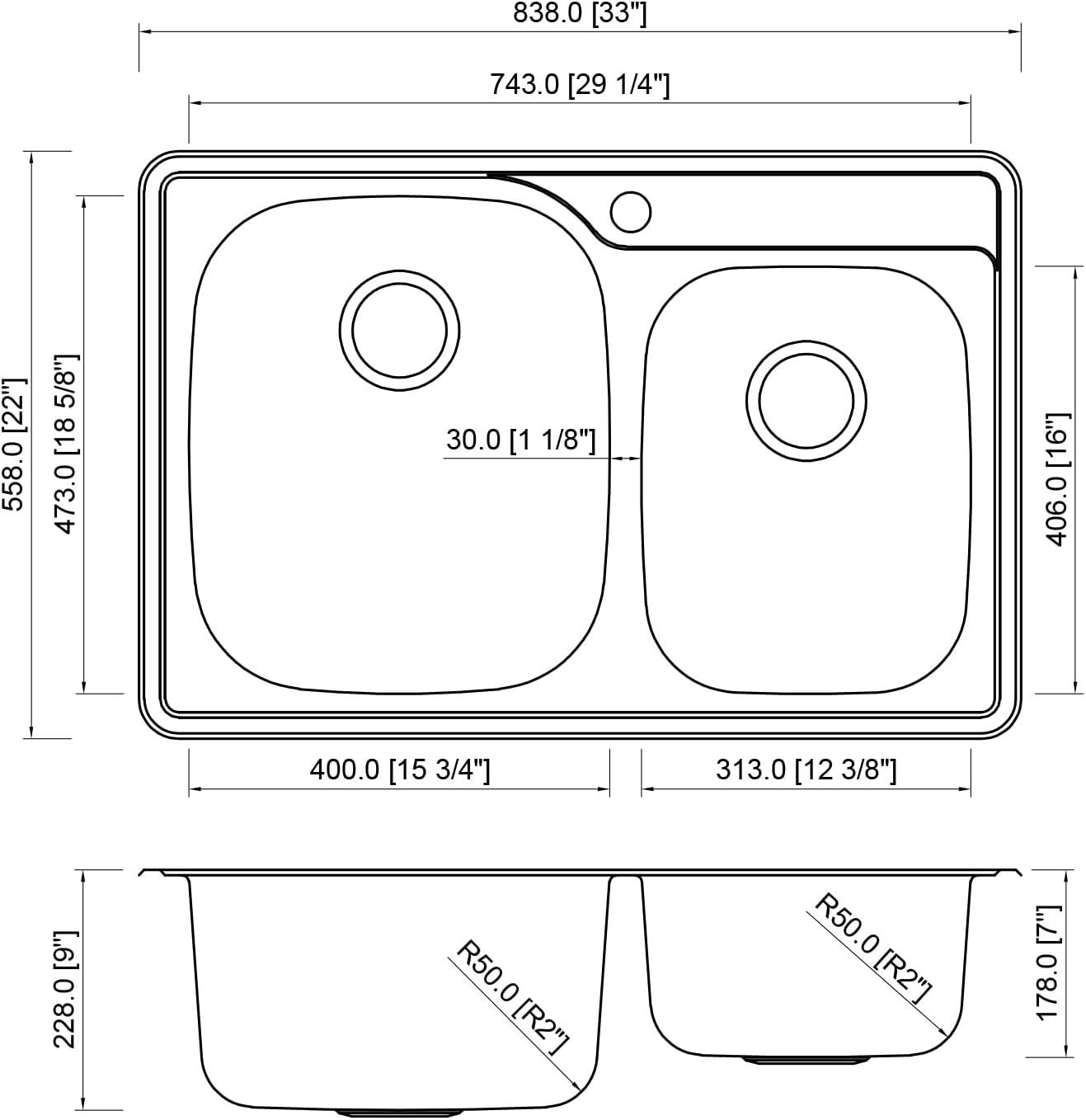 33-Inch Brushed Stainless Steel Double Bowl Kitchen Sink