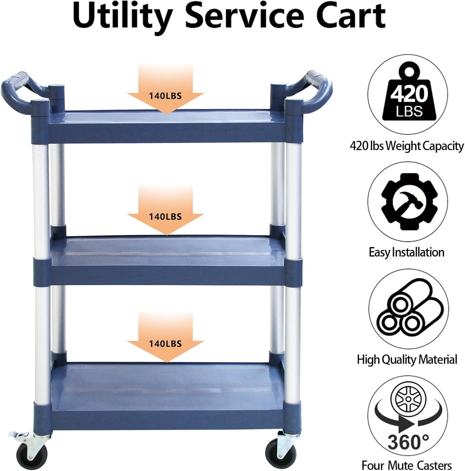 Service Cart Heavy Duty 3-Shelf Rolling Utility/Push Cart with Lockable Wheels, 360 lbs. Capacity, for Foodservice/Restaurant/Cleaning