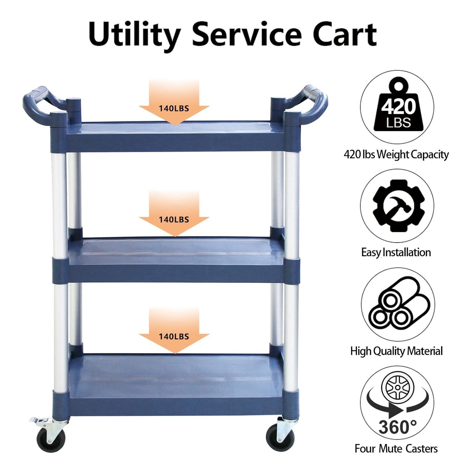 Service Cart Heavy Duty 3-Shelf Rolling Utility/Push Cart with Lockable Wheels, 360 lbs. Capacity, for Foodservice/Restaurant/Cleaning