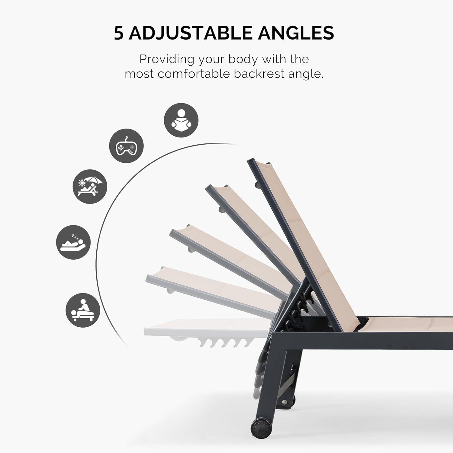 PURPLE LEAF Outdoor Chaise Lounge with Wheels for Outside 2 Pieces Aluminum Patio Lounge Chair with 5 Adjustable Position Recliner for Patio, Beach, Yard, Pool, Side Table Included, Beige