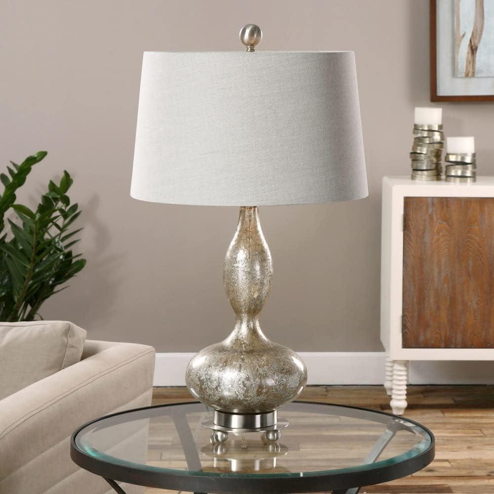 Smoked Mercury Glass Table Lamp Set with Beige Linen Shade