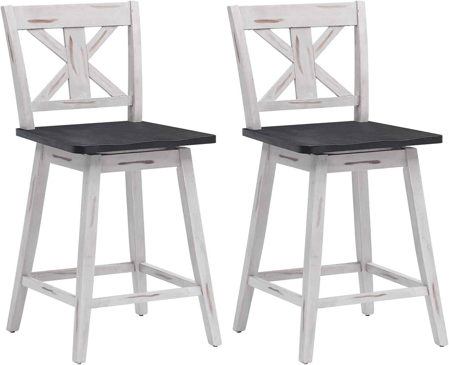 Set of 2 White Swivel Counter Height Bar Stools with Wood Legs