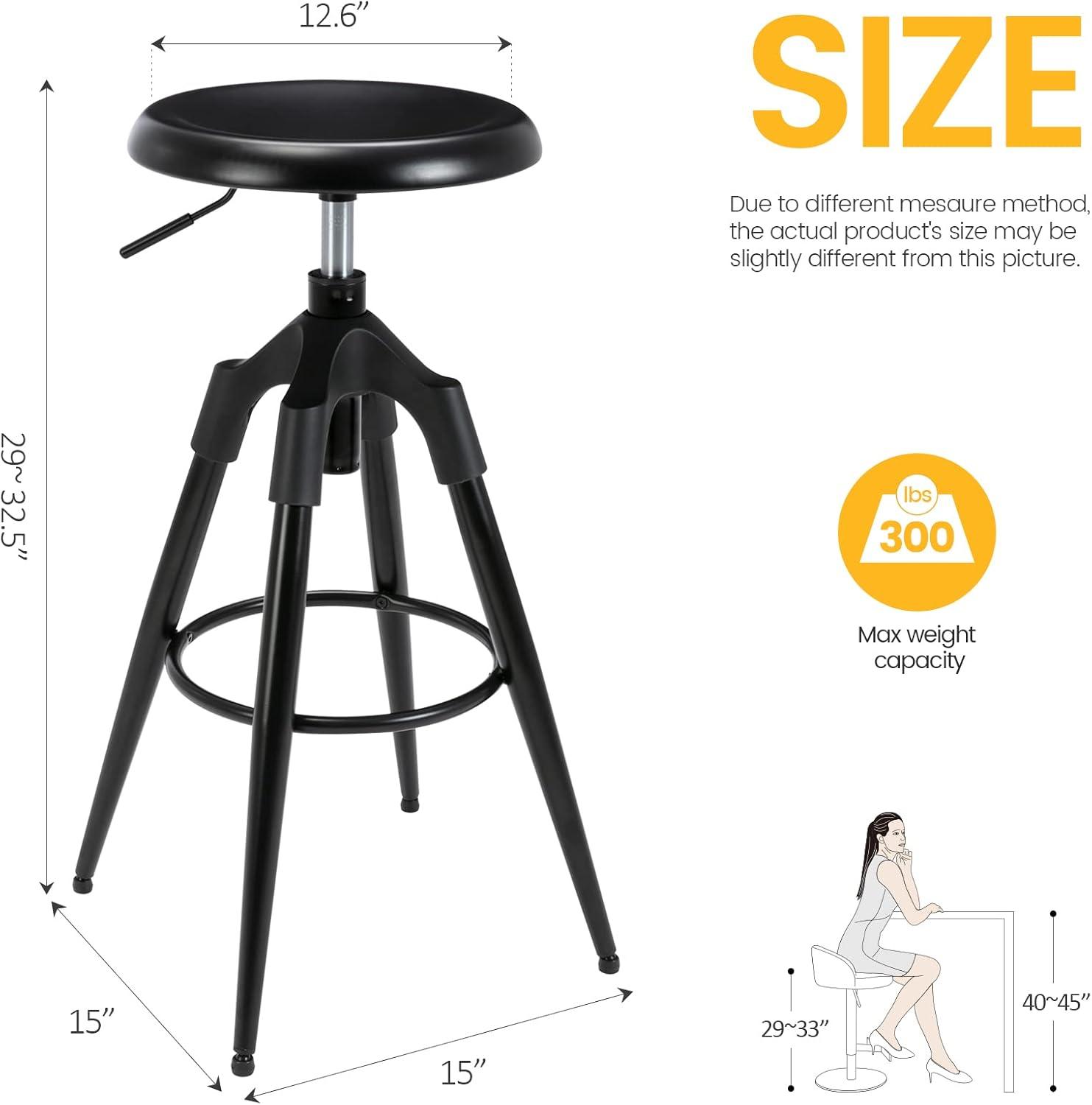 Brage Living 29-32.5 Inch Industrial Adjustable Bar Stool, Swivel Round Seat Metal Barstool with Legs, Backless Heavy Duty Airlift Bar Chair for Kitchen Dining Pub Cafe (Black)