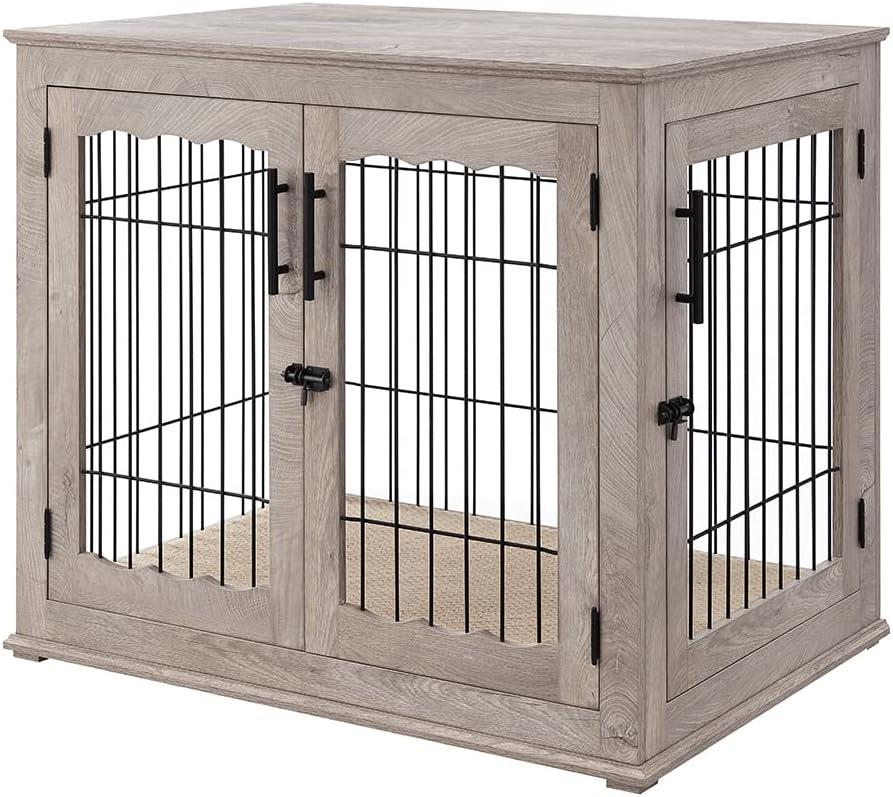 Large Gray Wooden Dog Crate End Table with Pet Bed