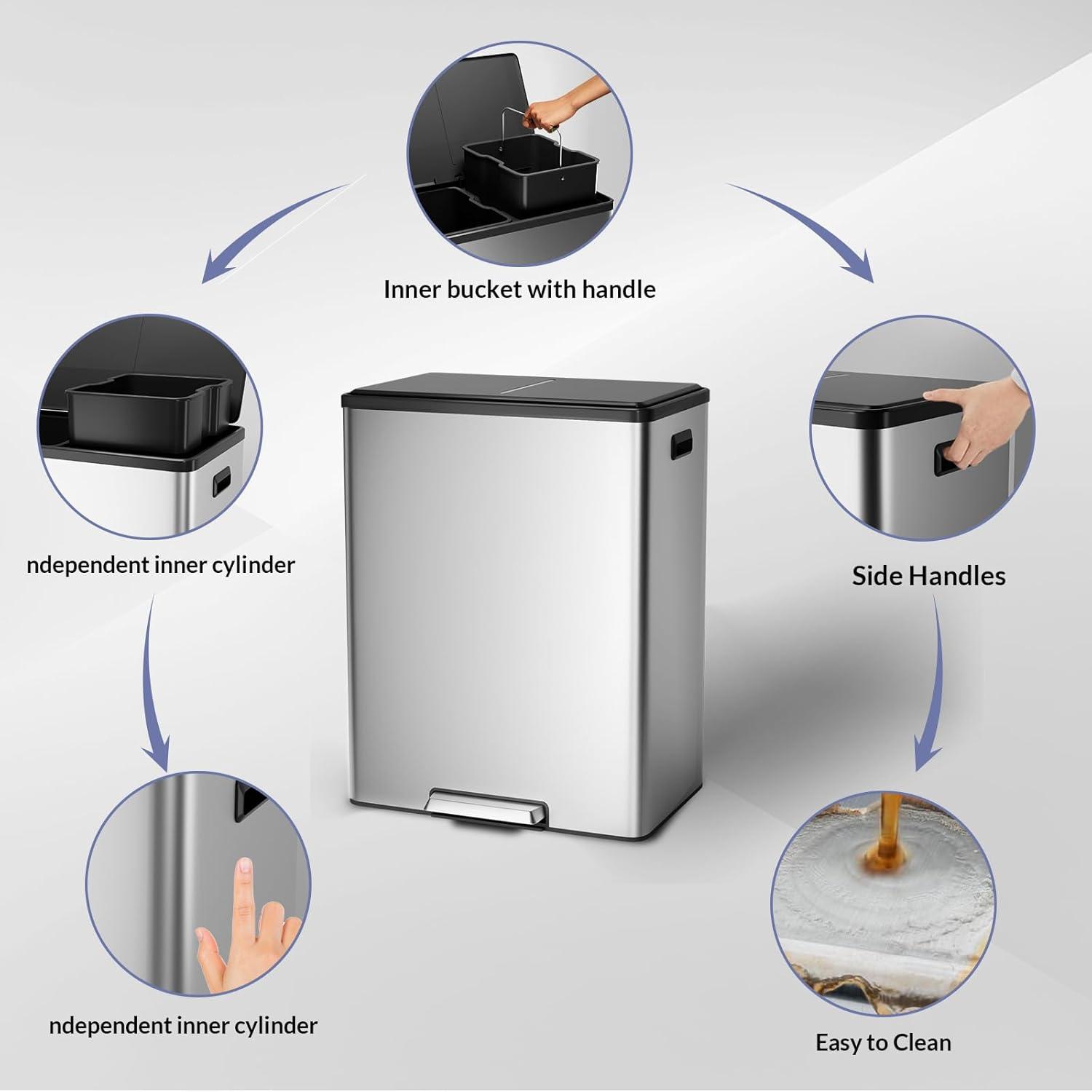 GlowSol Dual Trash Can for Recycling and Trash, Stainless Steel Kitchen Trash Can with Lid and Foot Pedal, Double Compartment Garbage Can, Trash Can with Recycling Bin (2 x 15 L)