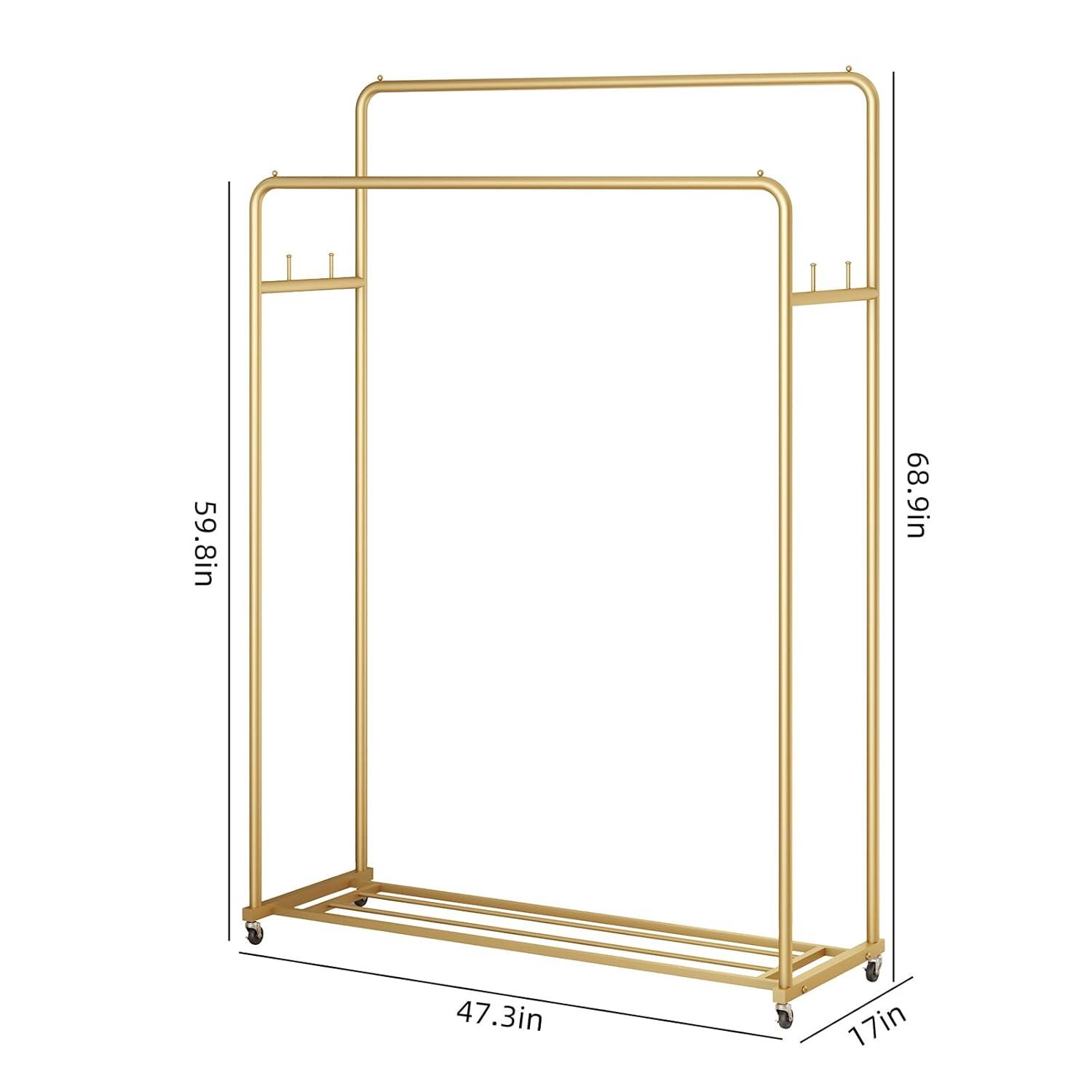 Laiensia Double Rods Garment Rack with Wheels, Clothing Rack for Hanging Clothes,4 Hooks, Multi-Functional Bedroom Clothes Rack, Gold