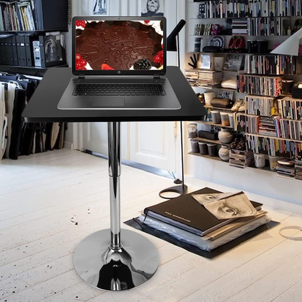 Square Bar Table, Modern Pub Table, 360° Swivel Cocktail Table, Adjustable Height with Black Top, Stainless Steel Leg and Base