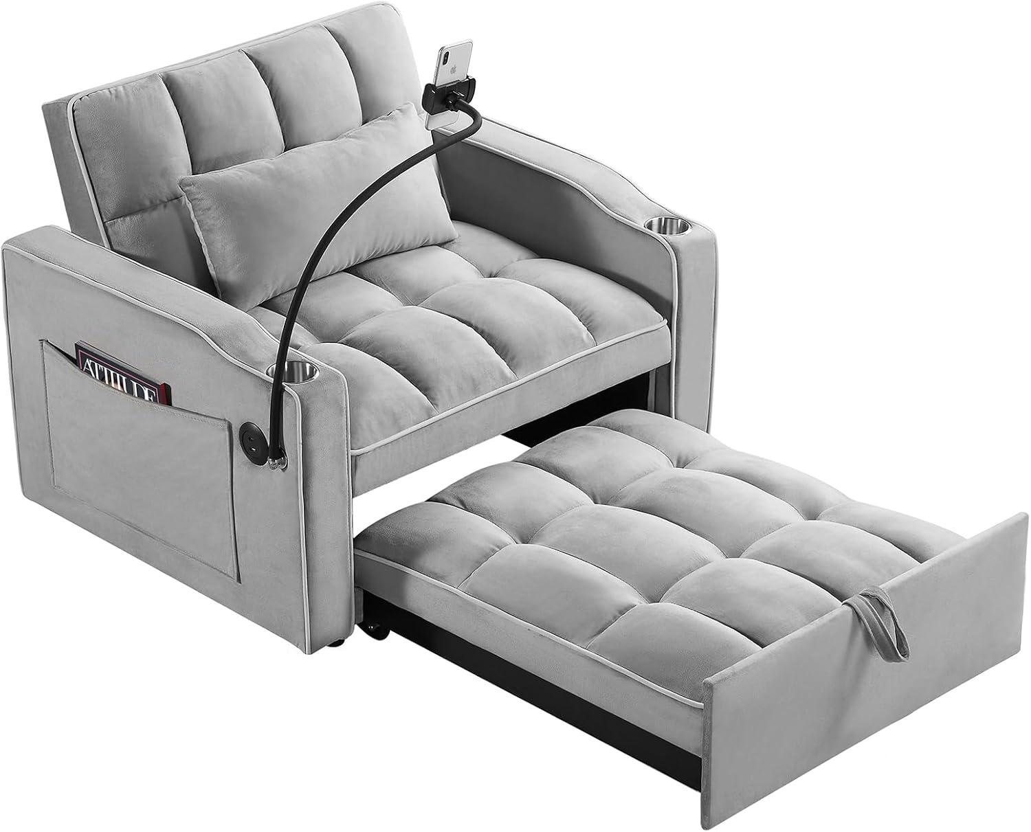 3 in 1 Convertible Sleeper Chair Bed with USB Ports, Cup Holder and Phone Stand, Velvet Pull Out Futon Sofa Beds, Adjustable Backrest Single Sofa Chair for Small Spaces, Living Room, Office (Gray)