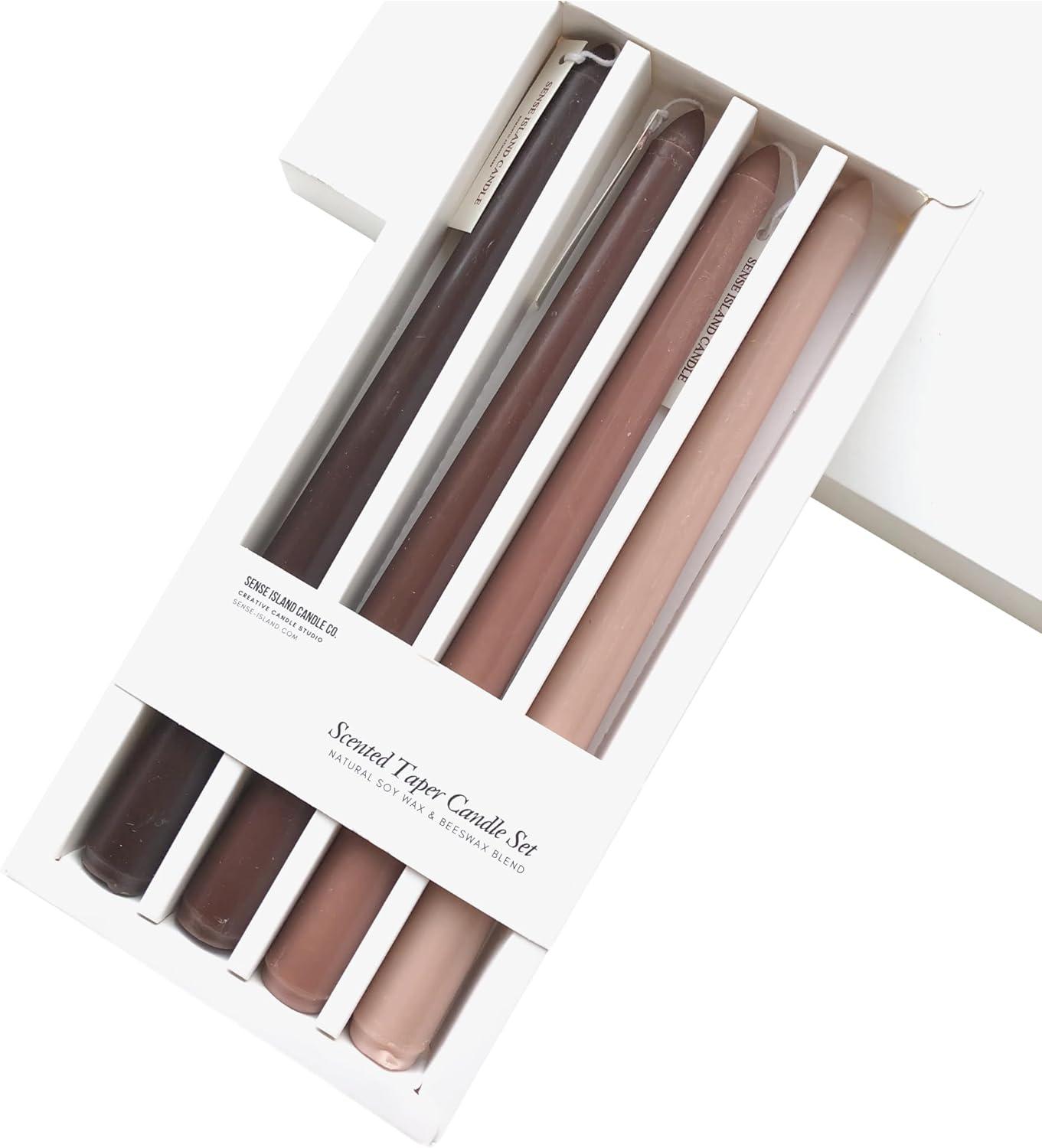 Taper Candles 10'' Colored Candle Sticks Set of 4 | Coffee Cream Scented, Natural Soy Wax | Home Decor Kitchen Decor Wedding Decorations (Brown Shades)