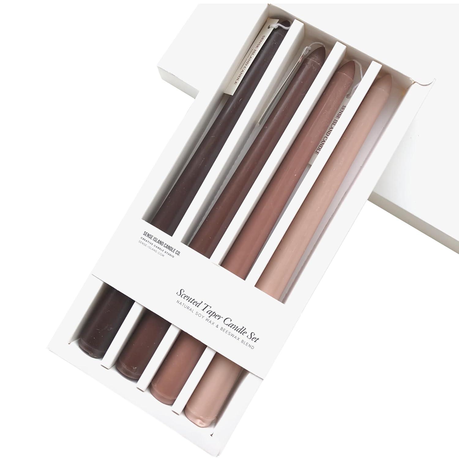 Taper Candles 10'' Colored Candle Sticks Set of 4 | Coffee Cream Scented, Natural Soy Wax | Home Decor Kitchen Decor Wedding Decorations (Brown Shades)