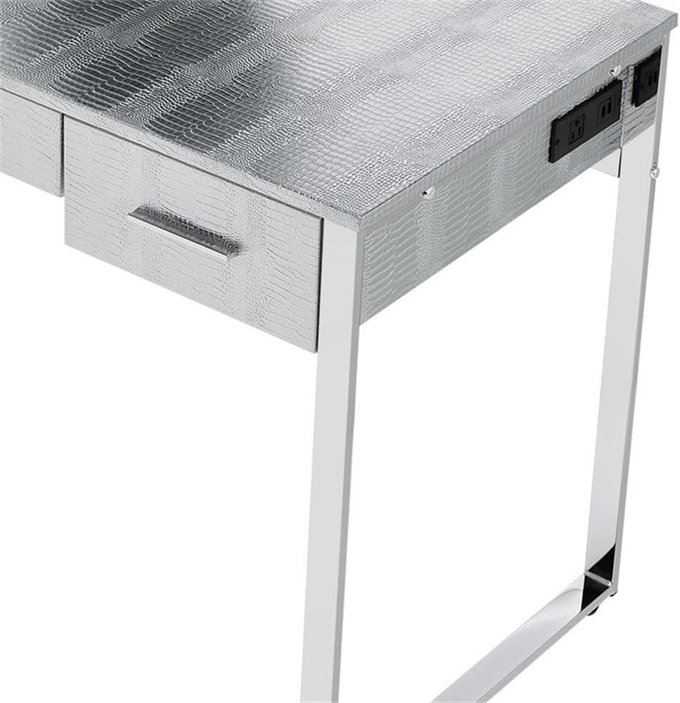 50" Myles Vanity Table Antique White, Chrome Finish - Acme Furniture: Built-in Outlet, USB, Storage