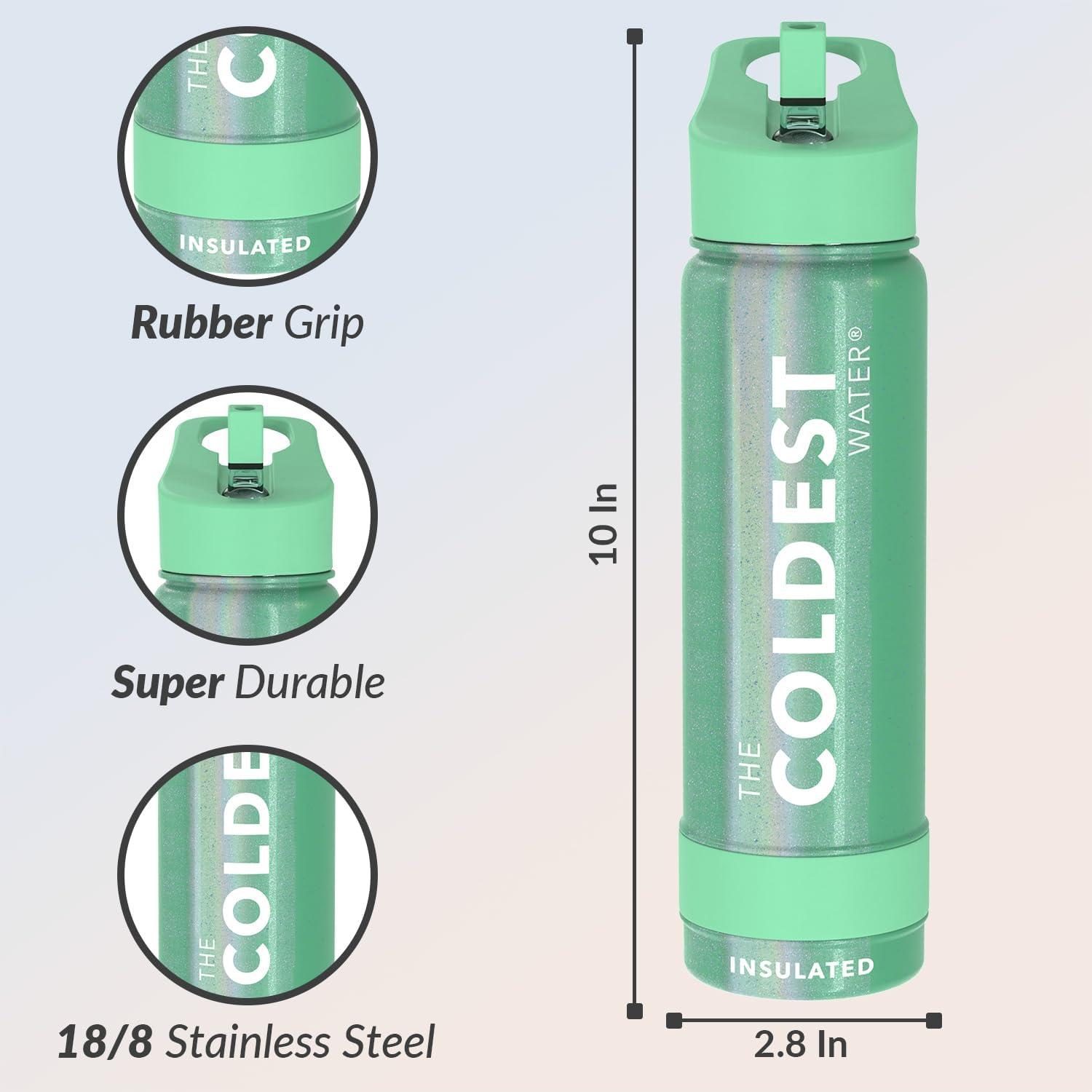 Coldest Sports Water Bottle with Straw Lid Vacuum Insulated Stainless Steel Bottles Reusable Leak Proof Flask for Sports (24 oz, Green Aurora Glitter)