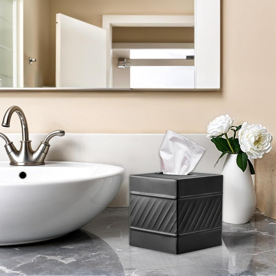 Monarch Abode Tissue Box Cover, Hand Hammered, Metal, Square Tissue Box Holder, Black