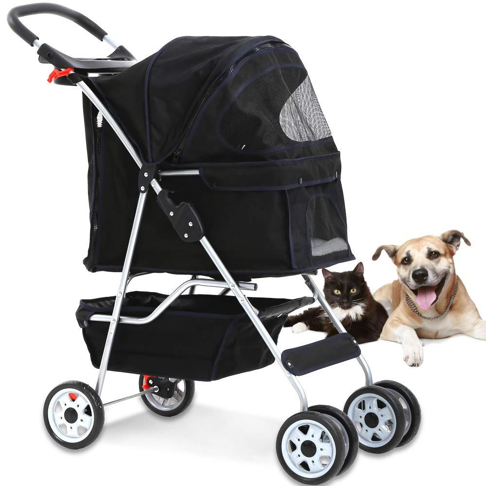 4 Wheels Pet Stroller Cat Dog Cage Stroller Travel Folding Carrier with Cup Holders and Removable Liner for Small-Medium Dog, Cat (Pink)