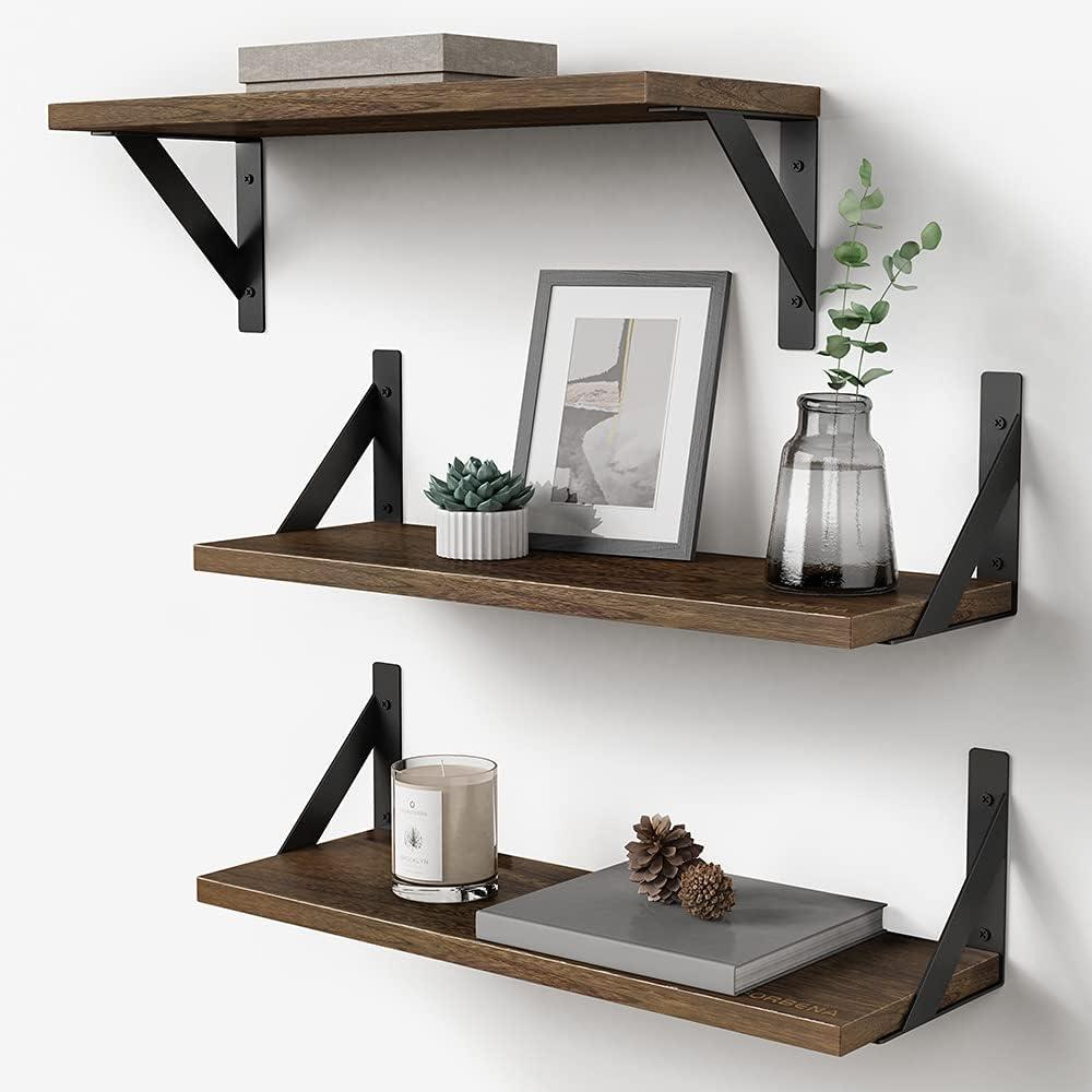 Rustic Brown Wood Floating Wall Shelves Set of 3