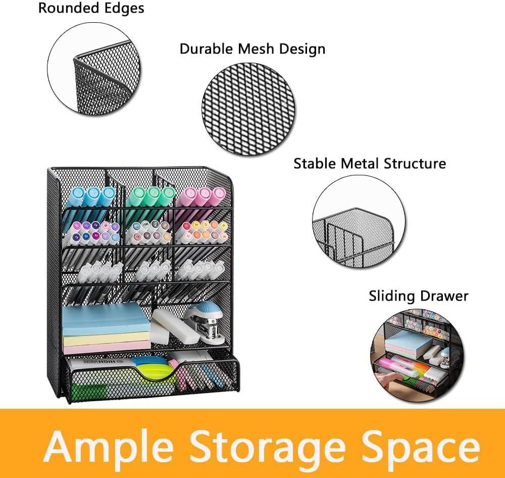 Metal Pen Organizer, Pencil Holder for Desk, Desk Organizer with Drawer for School, Home, Art Supplies (Black)