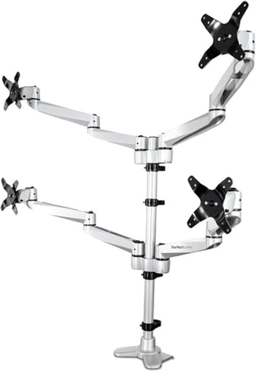 Silver Aluminum Quad Monitor Desk Mount with Full Motion Arms