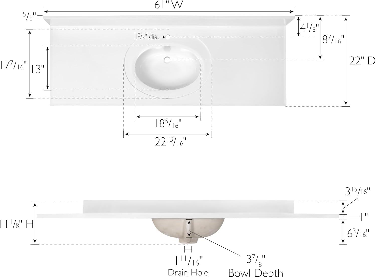 61 Inch Cultured Marble Vanity Top with Backsplash, Improved Package, White