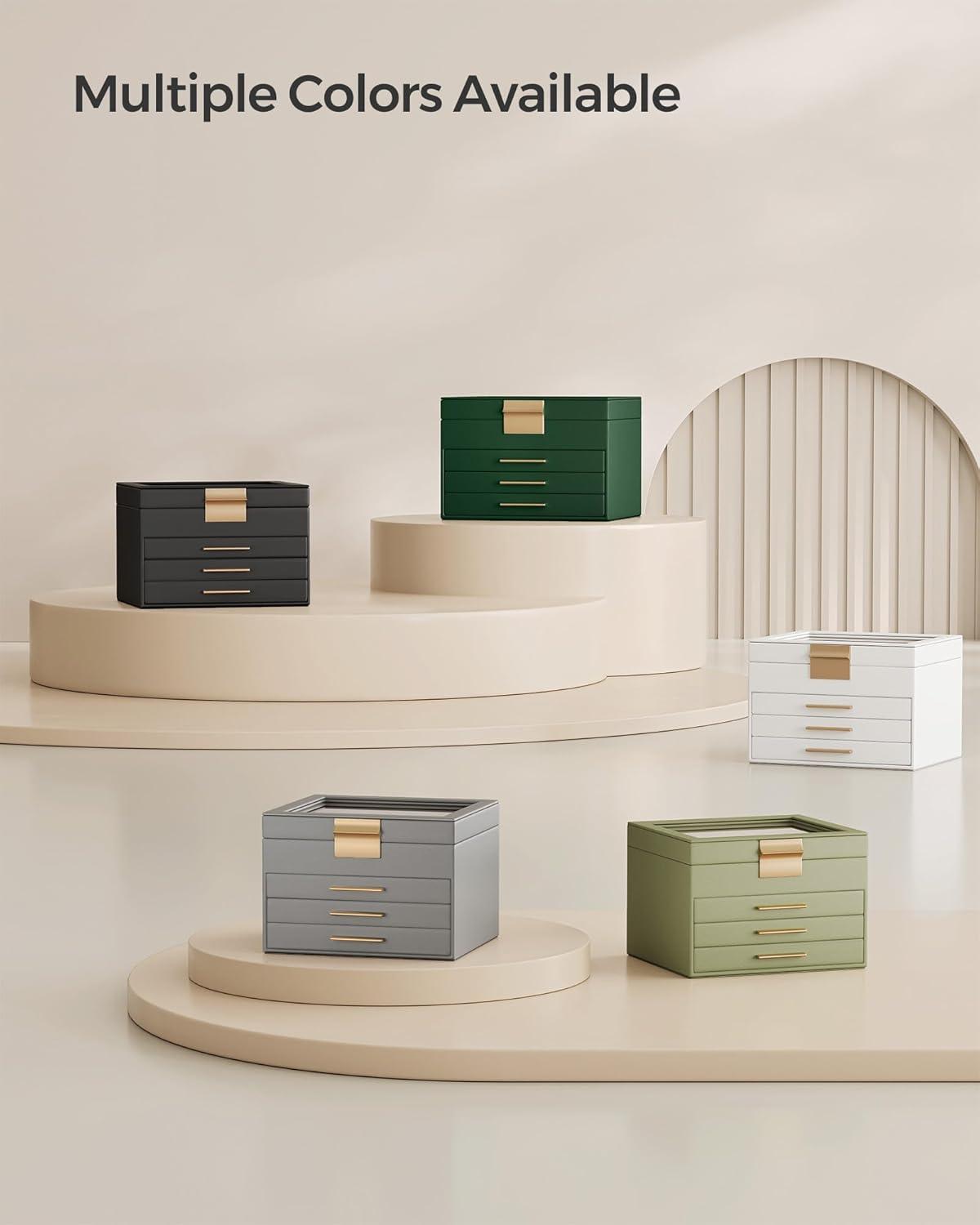 SONGMICS Jewelry Box Organizer with Glass Lid, 4-Layer Jewelry Storage, with 3 Drawers, Modern Style, 8 x 9.1 x 6.5 Inches, Graphite Black and Gold Color UJBC173B01