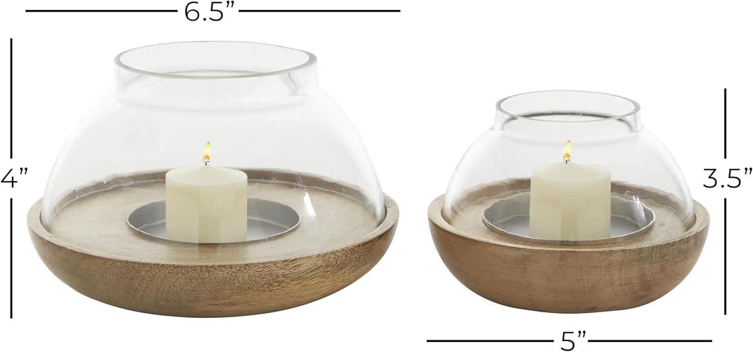 Brown Mango Wood and Glass Tealight Hurricane Lamp Set