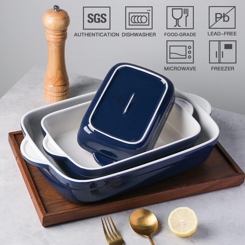 SWEEJAR Rectangular Ceramic Bakeware Set, Non-Stick Roasting Pan with Handles Baking Dishes,Casserole Pans for Cake Dinner, Set of 3 - Navy