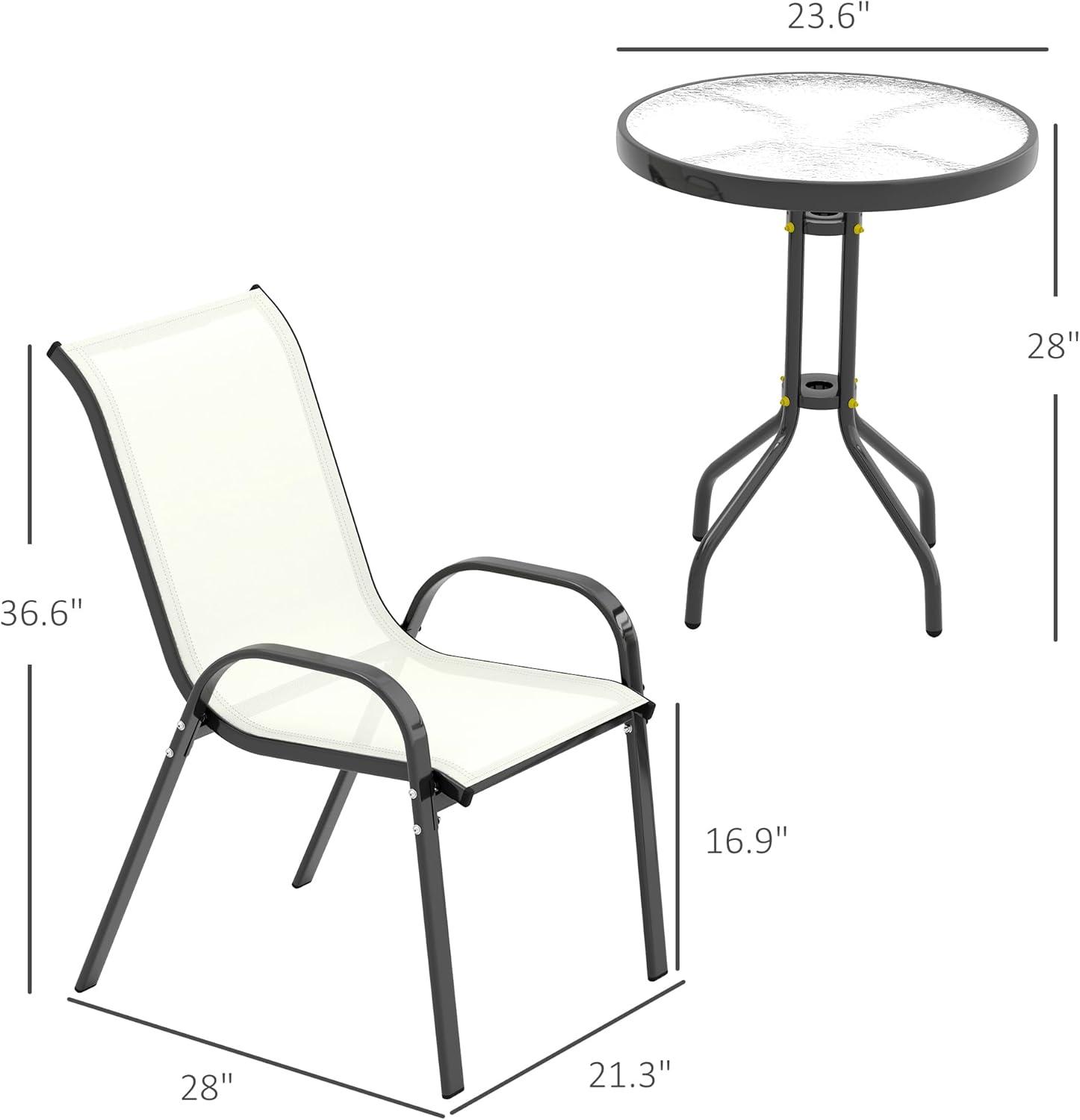 Outsunny 3 Pieces Outdoor Bistro Set, Patio Furniture with Stackable Chairs and Glass Table, High Back Small Patio Set for Balcony, Porch, Beige