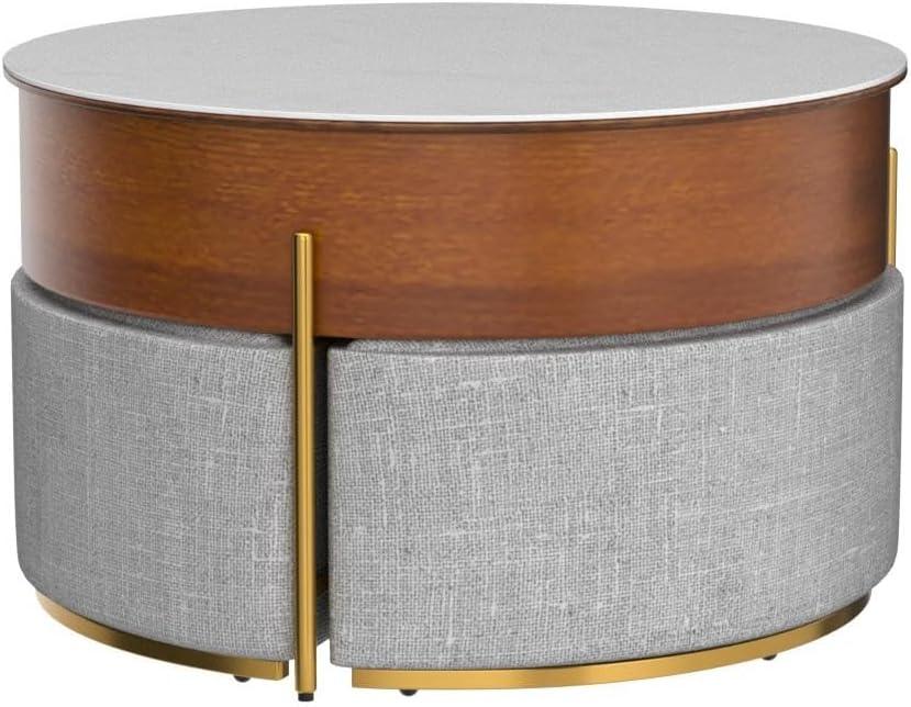 Round White and Wood Lift Top Coffee Table with Storage and Stools