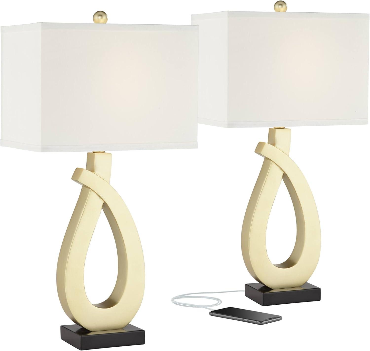 360 Lighting Simone Modern Table Lamps 28" Tall Set of 2 Sculptural Gold Metal USB Charging Port White Rectangular Shade Bedroom Living Room