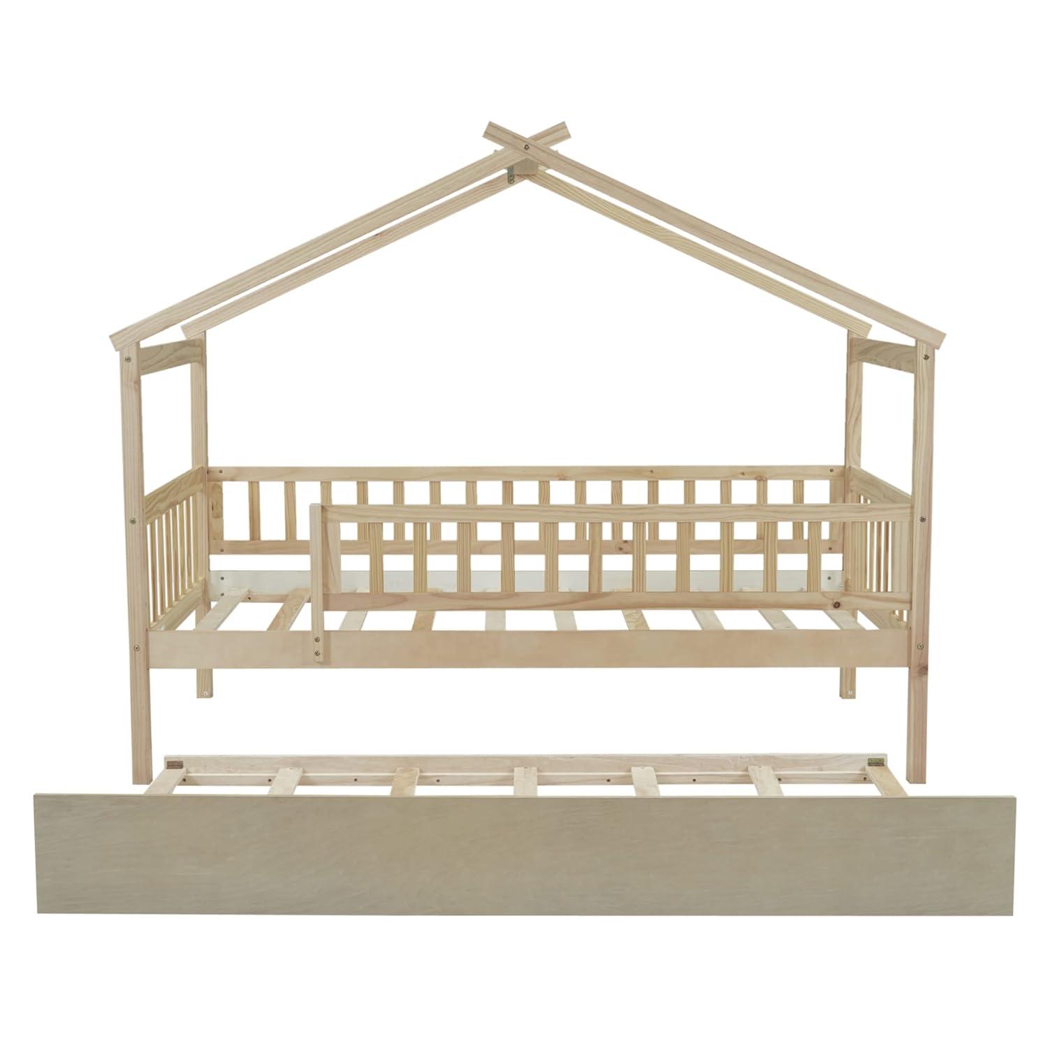 Twin House Bed with Trundle, House Bed for Kids, Wooden Daybed Twin Platform Bed Frame with Guardrails and Roof, for Girls Boys, Easy Assembly (Twin Size, Natural)