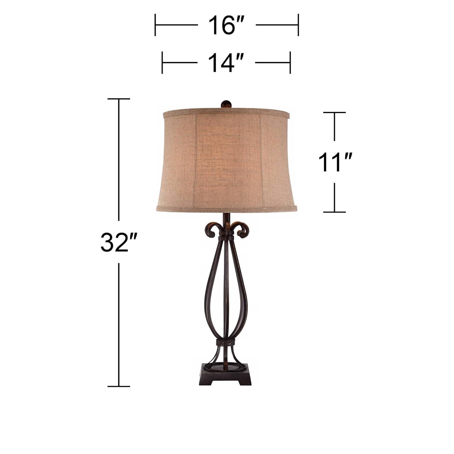 Regency Hill Taos Traditional Table Lamp 32" Tall Iron Open Scroll Base Neutral Burlap Shade for Bedroom Living Room Bedside Nightstand Office Kids