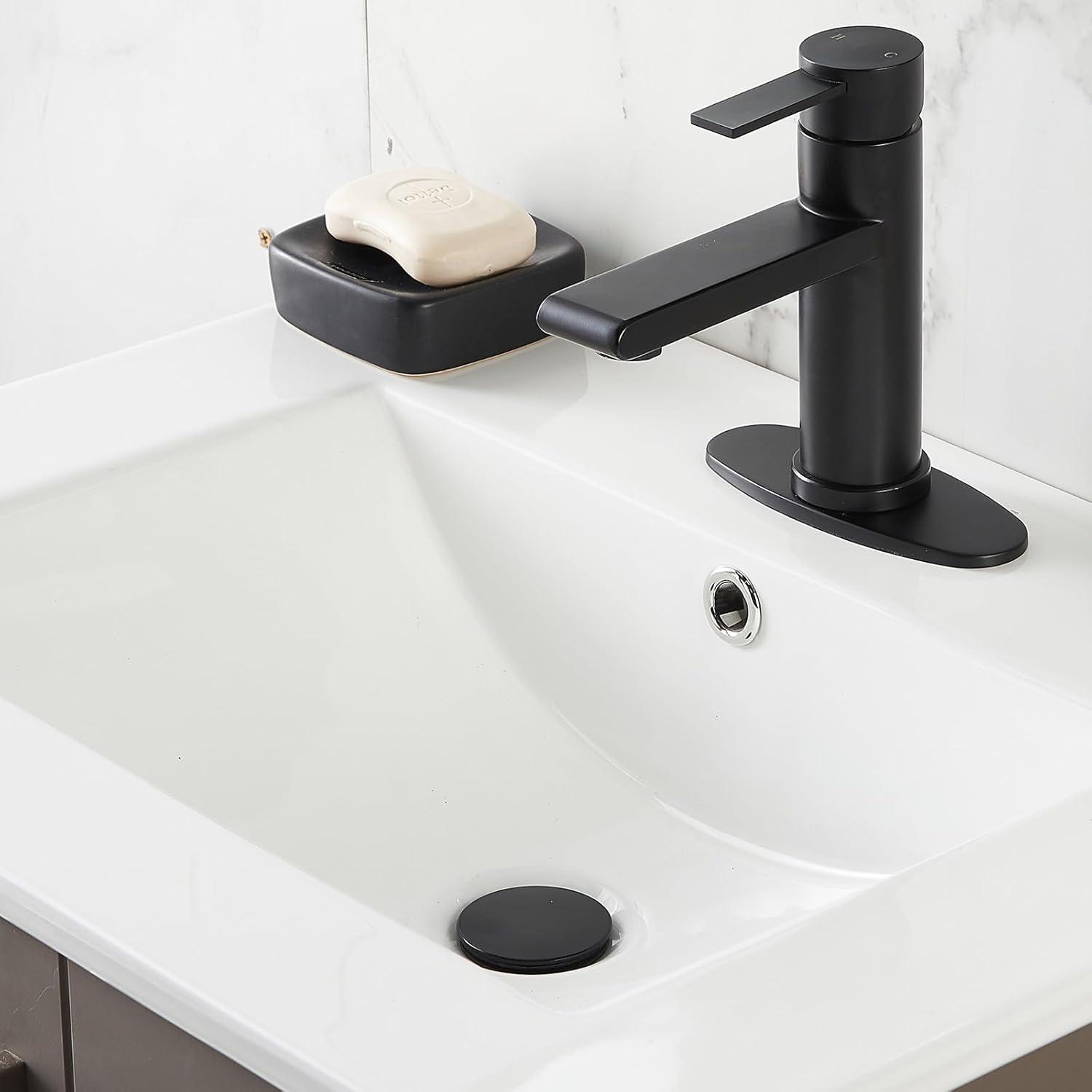 Black Bathroom Faucet Single Hole Bathroom Sink Faucet, Matte Black Single Handle Vanity Basin Faucets with Supply Deck Plate, Modern Farmhouse RV Faucet 1 or 3 Holes