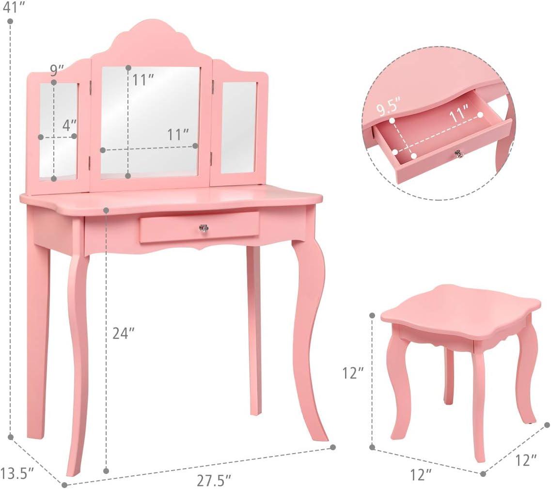 Infans Kids Vanity Table & Stool Princess Dressing Make Up Play Set for Girls