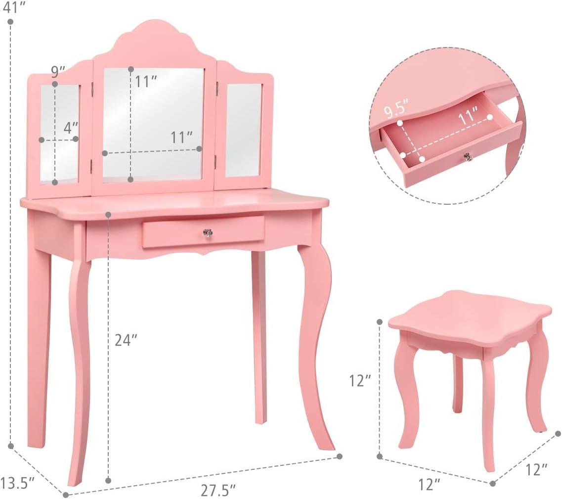 Infans Kids Vanity Table & Stool Princess Dressing Make Up Play Set for Girls Pink