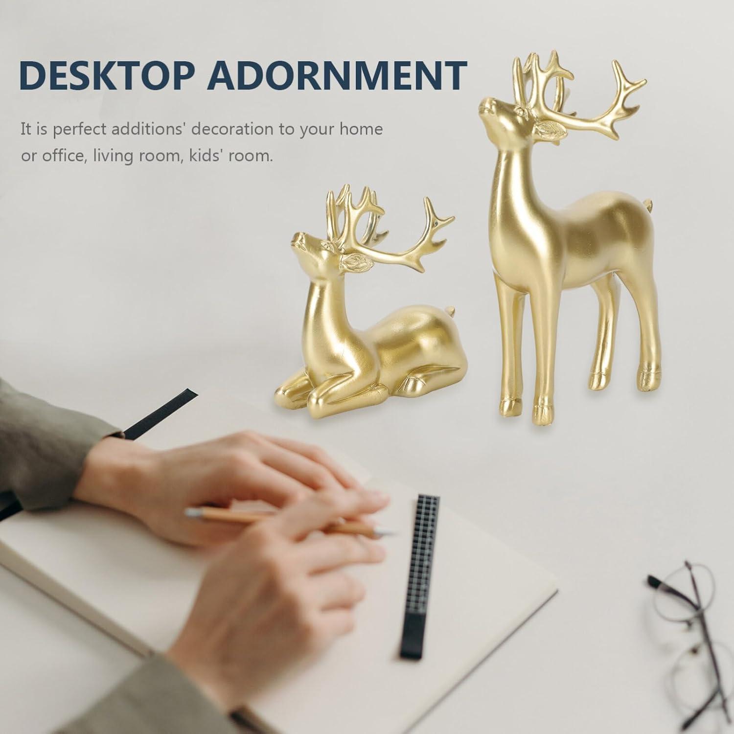 Kedshhgu 2 Pcs Small Reindeer Sculpture Resin Christmas Reindeer Elk Mini Xmas Deer Statue Animal Table Centerpiece for Home Living Room Office Decor