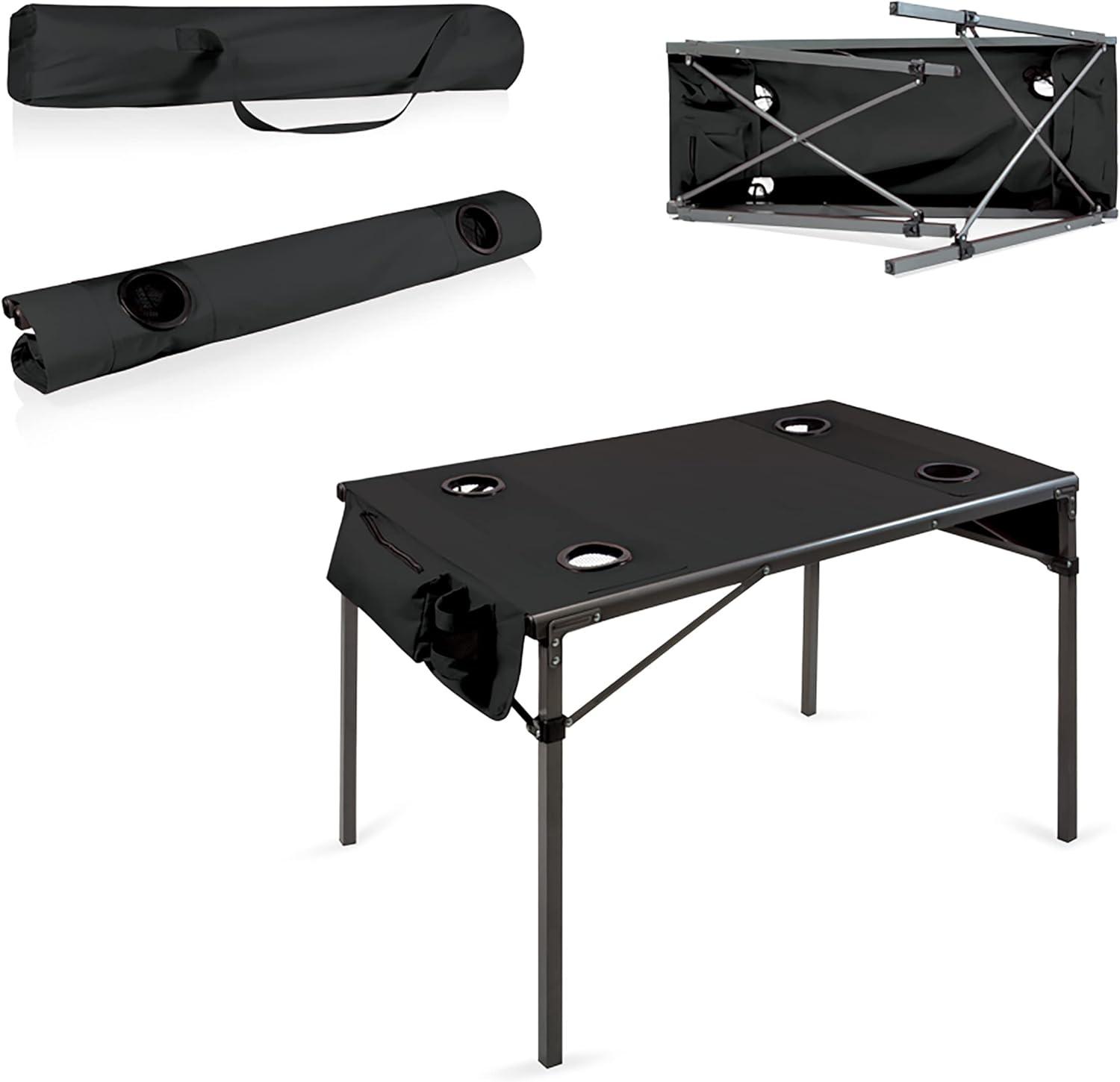 Compact Black Folding Travel Table with Drink Holders and Storage